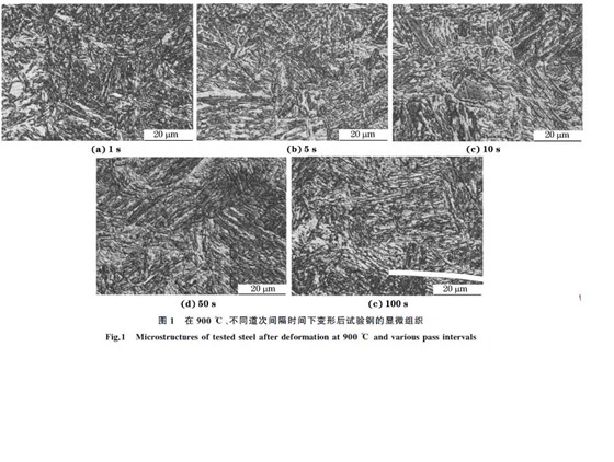 圖１ 在９００ ℃、不同道次間隔時(shí)間下變形后試驗(yàn)鋼的顯微組織