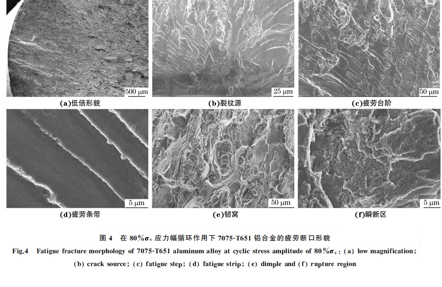 圖4 在80%σs 應(yīng)力幅循環(huán)作用下7075GT651鋁合金的疲勞斷口形貌 圖4 在80%σs 應(yīng)力幅循環(huán)作用下7075GT651鋁合金的疲勞斷口形貌
